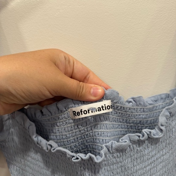 Reformation Meadow Midi Dress in Mineral Blue Small Front Slit Puff Short Sleeve - Picture 6 of 9